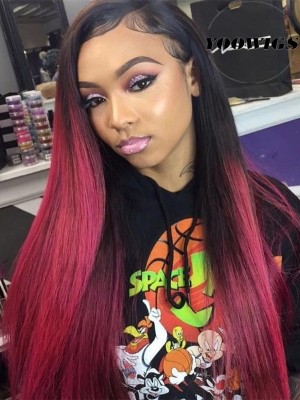 YOOWIGS Royal Film HD Lace 180 Density Ombre Burgundy 13x6.5 Brazilian Natural Wave Human Hair Wigs for Black Women with Pre Plucked Baby Hair All Around LJ034