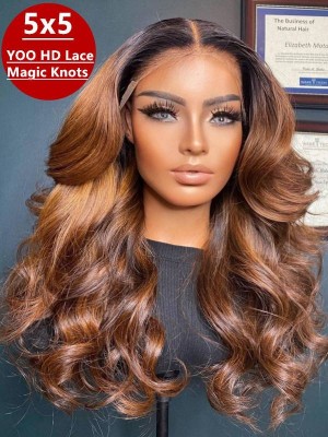 YOOWIGS Grade 12A Indian Remy Virgin Human Hair Wigs Ombre Brown 5x5 HD Film Lace Closure Wigs Color Hair Style Body Wave Bleached Knots YLC3