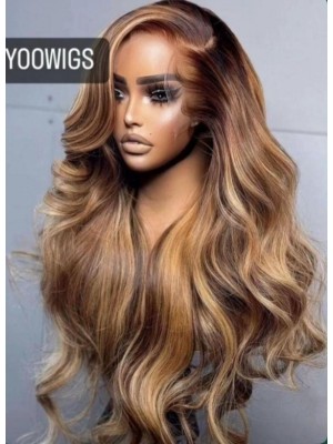 Yoowigs Ombre Highlight Wavy Human Hair 360 HD Full Lace Frontal Wig Bleached Knots RY925