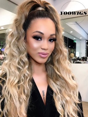 YOOWIGS Royal Film HD Lace Ombre Three Tone Human Hair 360 Lace Front Wigs Wet and Wave 150 Density Pre Plucked Frontal Wigs for Black Women LJ008
