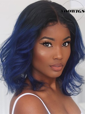 YOOWIGS Royal Film HD Lace Pre Plucked Ombre Dark Blue Color Bob Human Hair Wigs With Baby Hair Straight Brazilian 360 Lace Frontal Remy Hair Short Bob Wigs LJ028