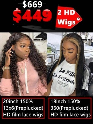 YOOWIGS Combo Deal 180% Density Brazilian Virgin Human Hair Wigs HD Film Lace Pre Plucked Pre Bleached Can be Colored Free Shipping YVS4