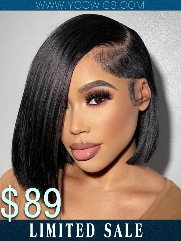 YOOWIGS 100% Human Hair Pixie Cut Short Bob C-Part Lace Front Wig Short Bob Wig Natural Color Left Side Deep Parting RY16