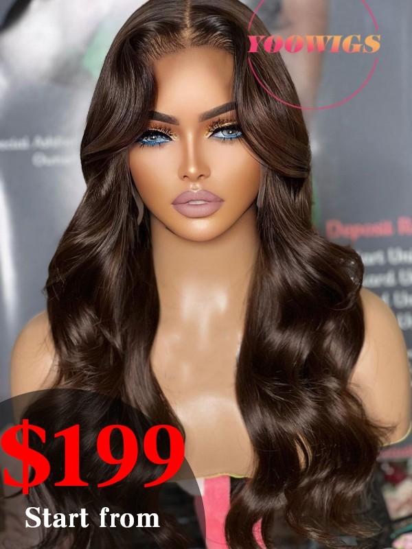 YOOWIGS Chocolate Brown Human Hair Body Wave HD Full Lace Human Hair Wig Long Hairstyles Single Knots Pre Plucked RY221