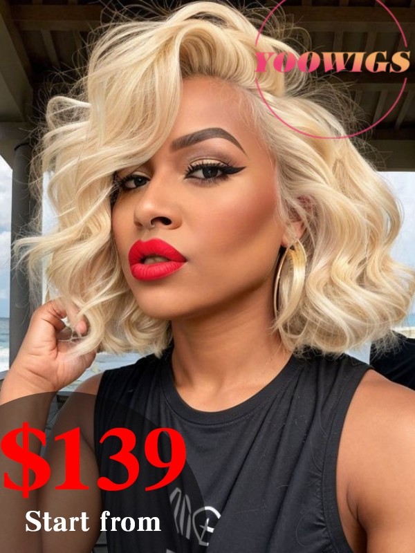 YOOWIGS Europe 613 Blonde Human Hair Short Bob Lace Frontal Wig Natural Wavy Side Parting RY220