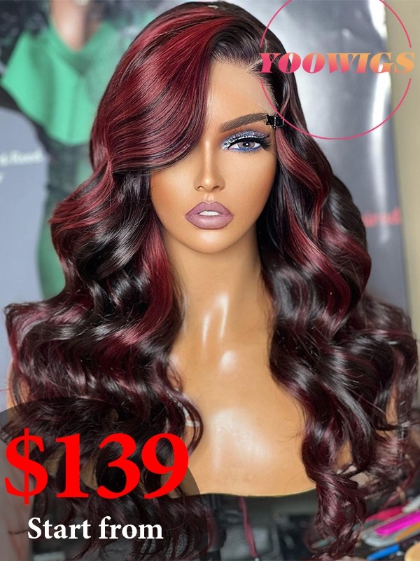Yoowigs Magic HD Lace Front Wig Glueless 007 Lace Wig Body Wave Red Burgundy 99j Highlight Human Hair RY223