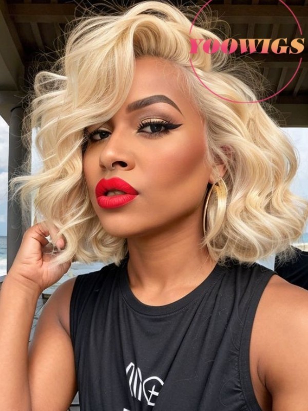 YOOWIGS Europe 613 Blonde Human Hair Short Bob Lace Frontal Wig Natural Wavy Side Parting RY220