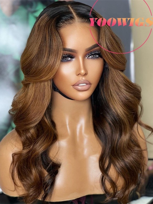 Yoowigs Ombre Brown Human Hair Deep Parting HD Lace Front Wig Body Wave Long Hairstyles Bleached Knots RY212