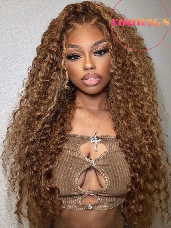 YOOWIGS Ombre Brown Highlight Color Curly Human Hair 360 HD Lace Frontal Wig Bleached Knots RY065