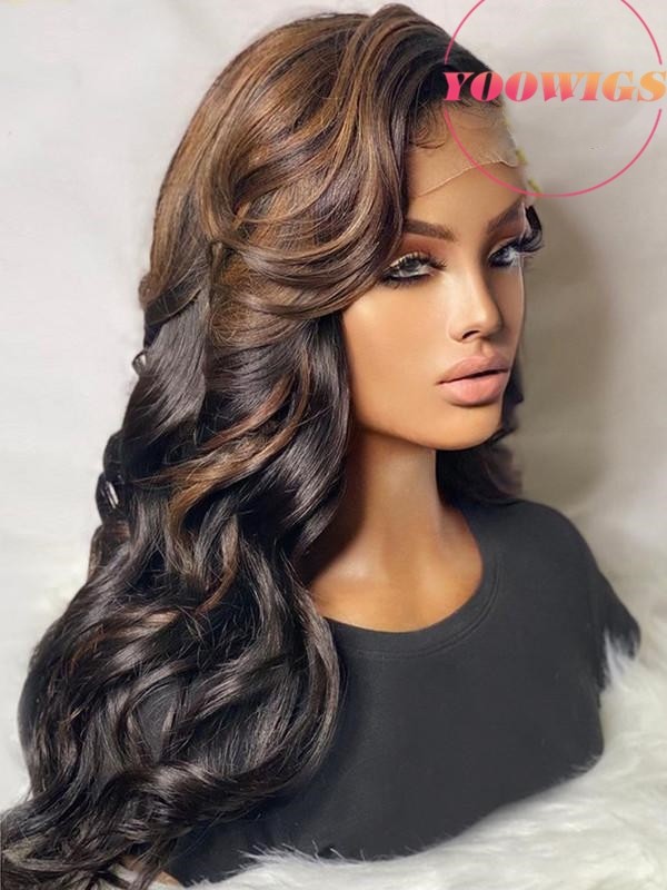 YOOWIGS Ombre Brown Color Highlights Human Hair Deep Parting 13X6 HD Lace Frontal Wig Loose Natural Wavy Pre Plucked Bleached Knots YLC11