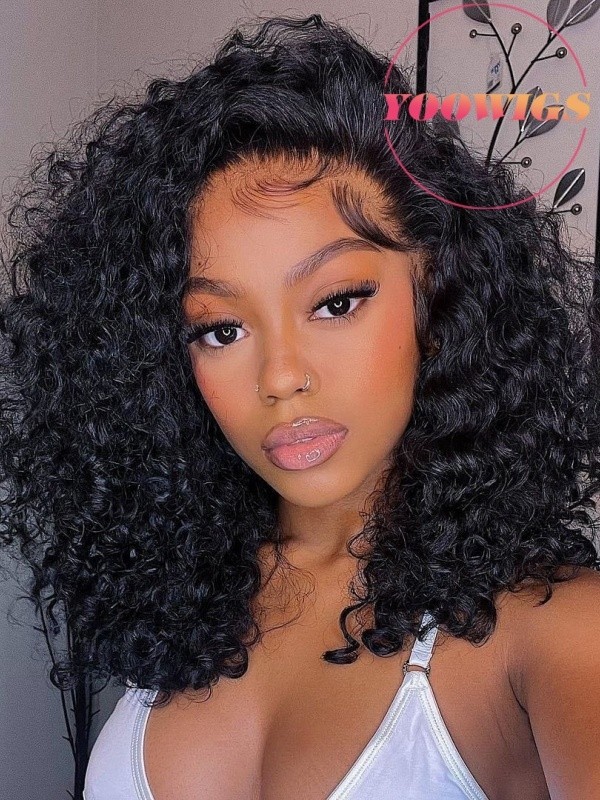 YOOWIGS Kinky Curly Short Bob Wig Human Hair HD Full Lace Wig Pre Plucked Bleached Knots For Black Women RY248