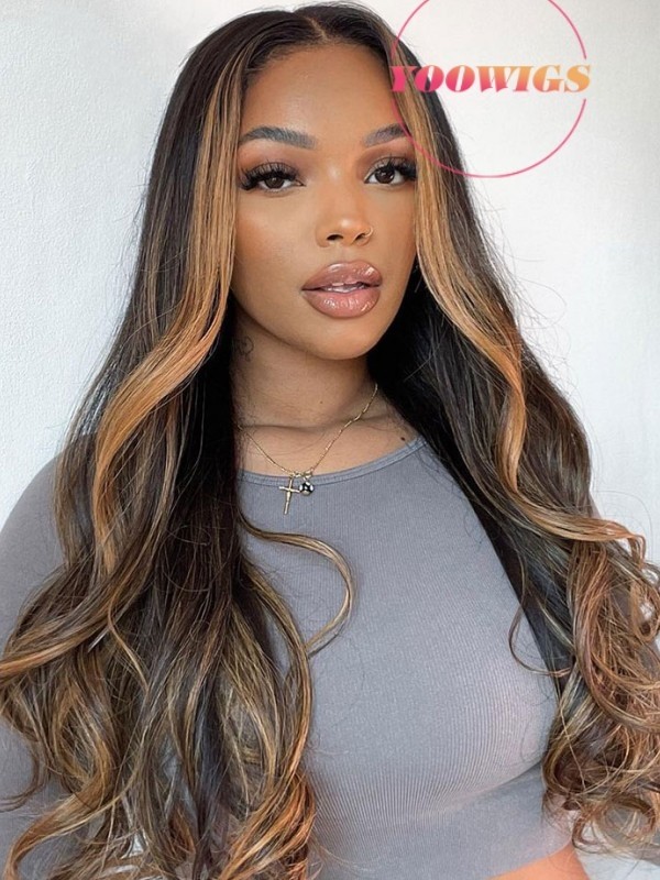 Yoowigs Brazilian Virgin Human Hair Deep Parting 13x6 HD Lace Frontal Wig Body Wave Middle Parting Ombre Front Highlights RY180