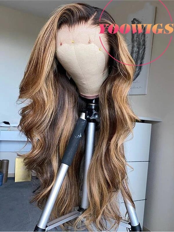 YOOWIGS Royal Film HD Lace Highlight Color Pre Plucked Natural Hairline with Bleached Knots 360 HD Lace Frontal Single Knots Virgin Human Hair Wigs LJ066