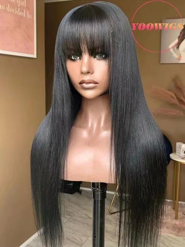 YOOWIGS 100% Human Hair Wig With Bangs Straight Pre Plucked Glueless HD Lace Front Wig RY28
