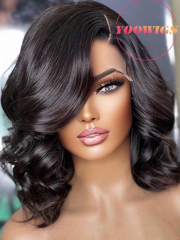 YOOWIGS 100% Virgin Human Hair Short Natural Wavy HD Full Lace Wig Pre Plucked Single Knots Bleached Knots RY233