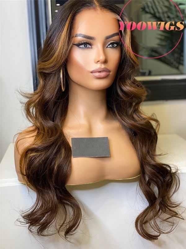 YOOWIGS Brown Highlight Human Hair Magic HD Lace Wig Body Wave Pre Plucked Single Knots YLC9
