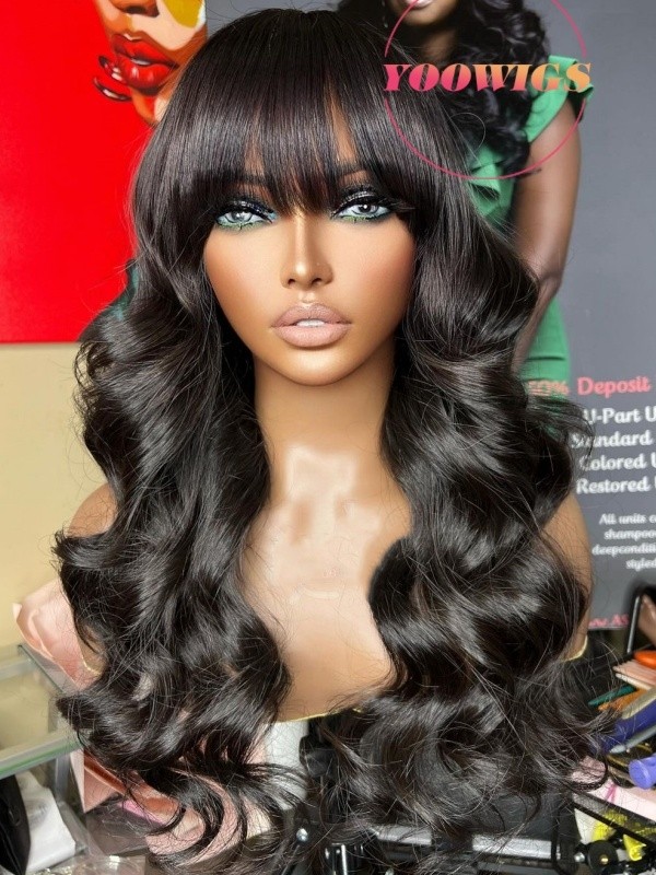 Yoowigs Natural Black Glueless HD Lace Front Wig With Bangs Body Wave Bleached Knots Long Hairstyles RY226