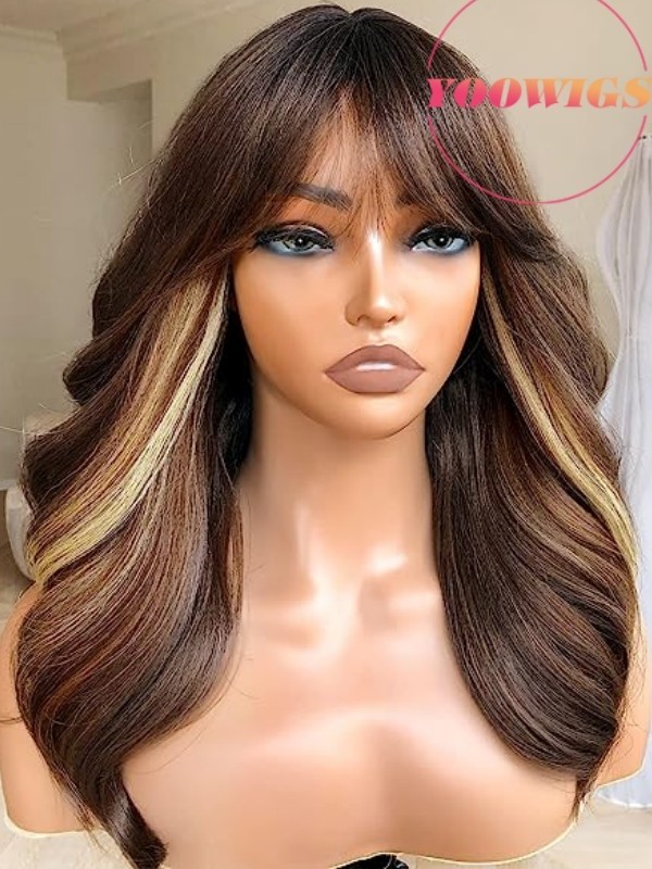 Yoowigs Brown with Front Highlight Color Human Hair HD Lace Frontal Wig With Bangs Glueless RY174