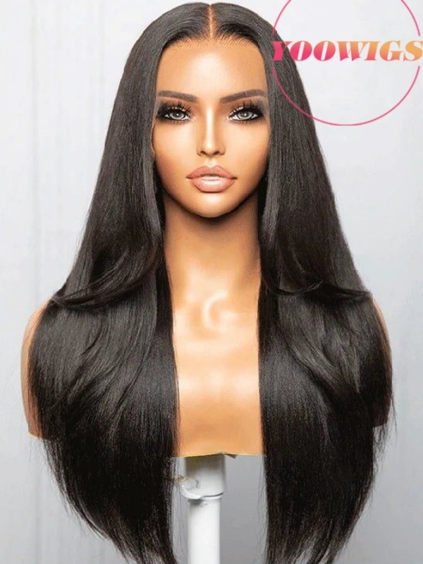 Yoowigs Light Yaki Straight Layer Human Hair HD Lace Front Wig Glueless Bleached Knots RY187