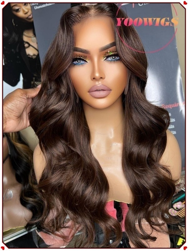 YOOWIGS Chocolate Brown Human Hair Body Wave HD Full Lace Human Hair Wig RY221