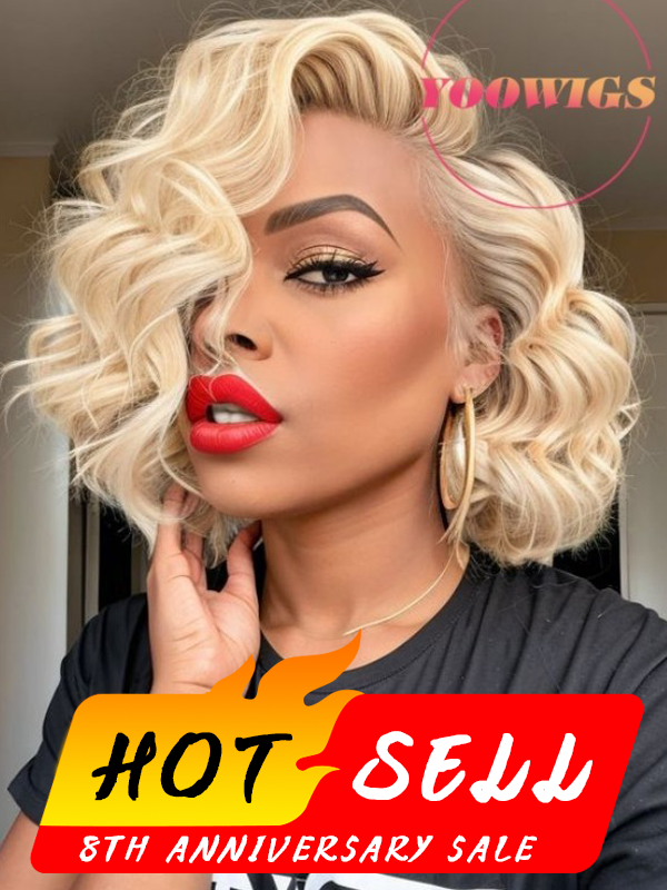 YOOWIGS Europe 613 Blonde Human Hair Short Bob Lace Frontal Wig Natural Wavy Side Parting RY220